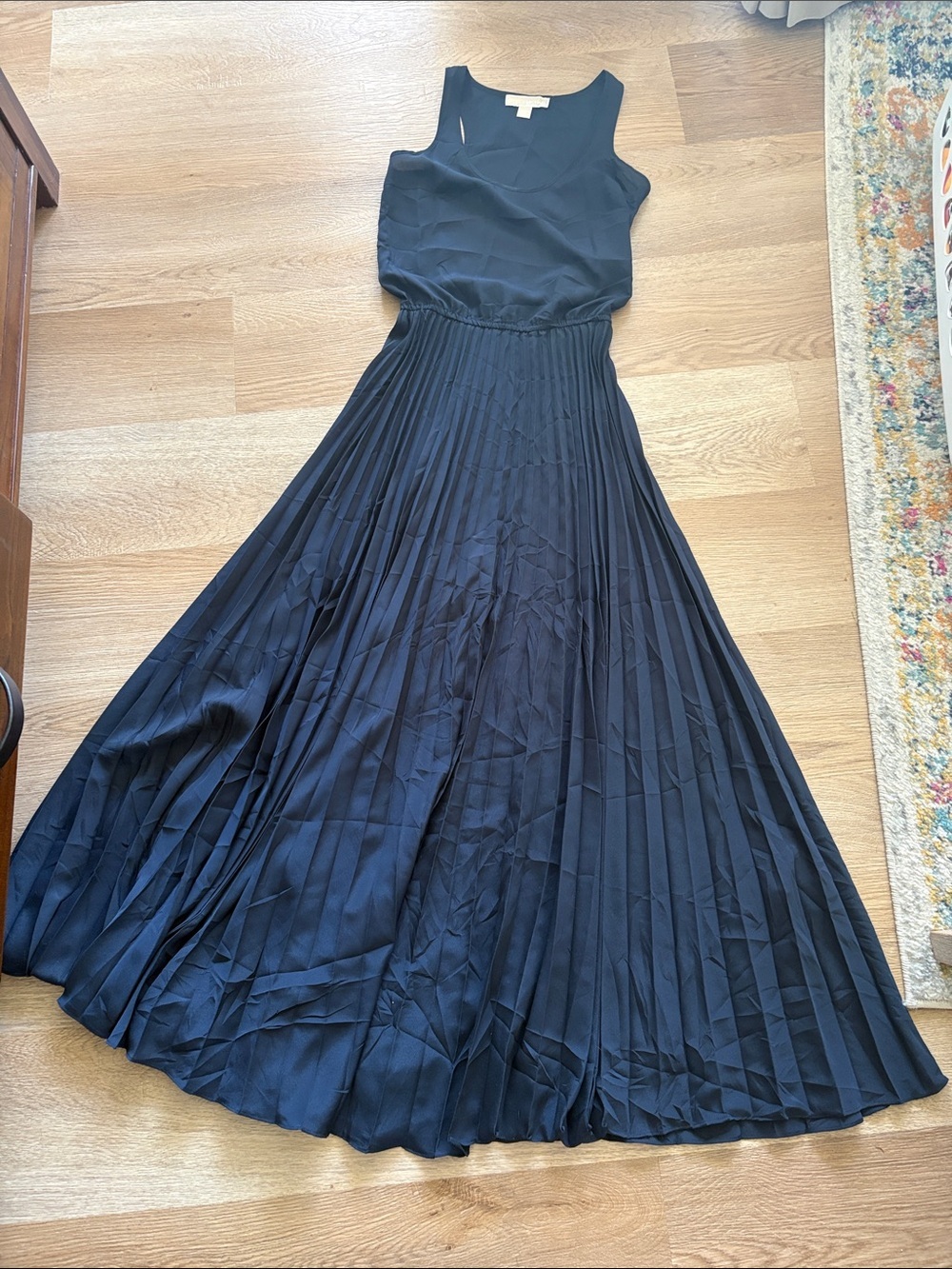 Michael Kors Navy Sleeveless Pleated Maxi Dress with Scoop Neck